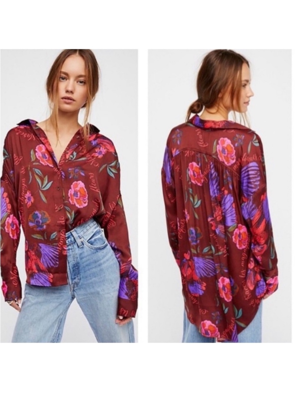 Free People Burgundy Floral Button-Down Shirt with Purple & Pink Blooms
